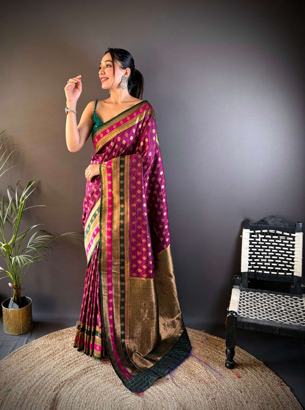 Sonakshi Women's Wine Banarasi Silk Zari Woven Traditional Saree with Blouse
