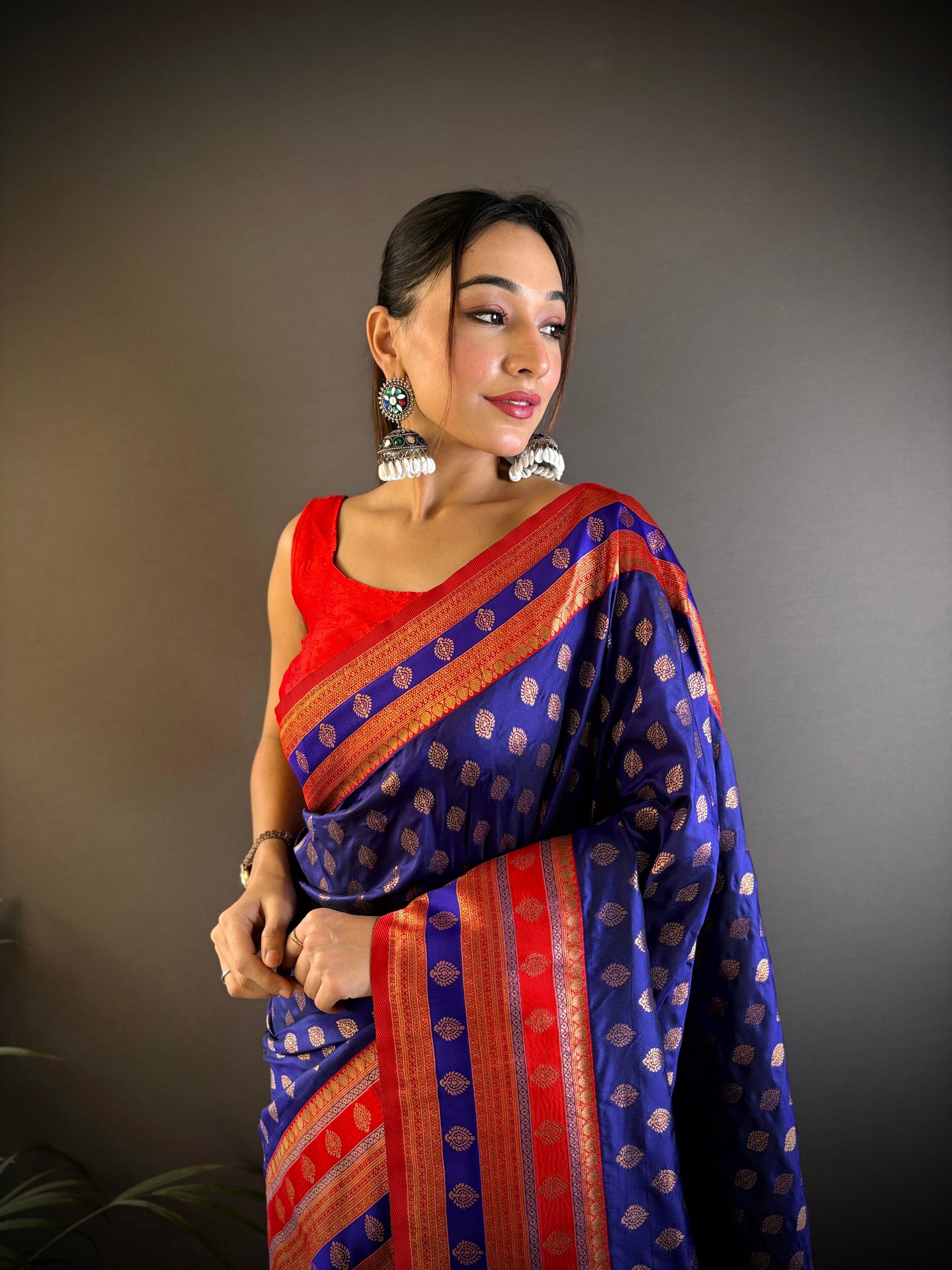 Sonakshi Women's Royal Blue Banarasi Silk Zari Woven Traditional Saree with Blouse
