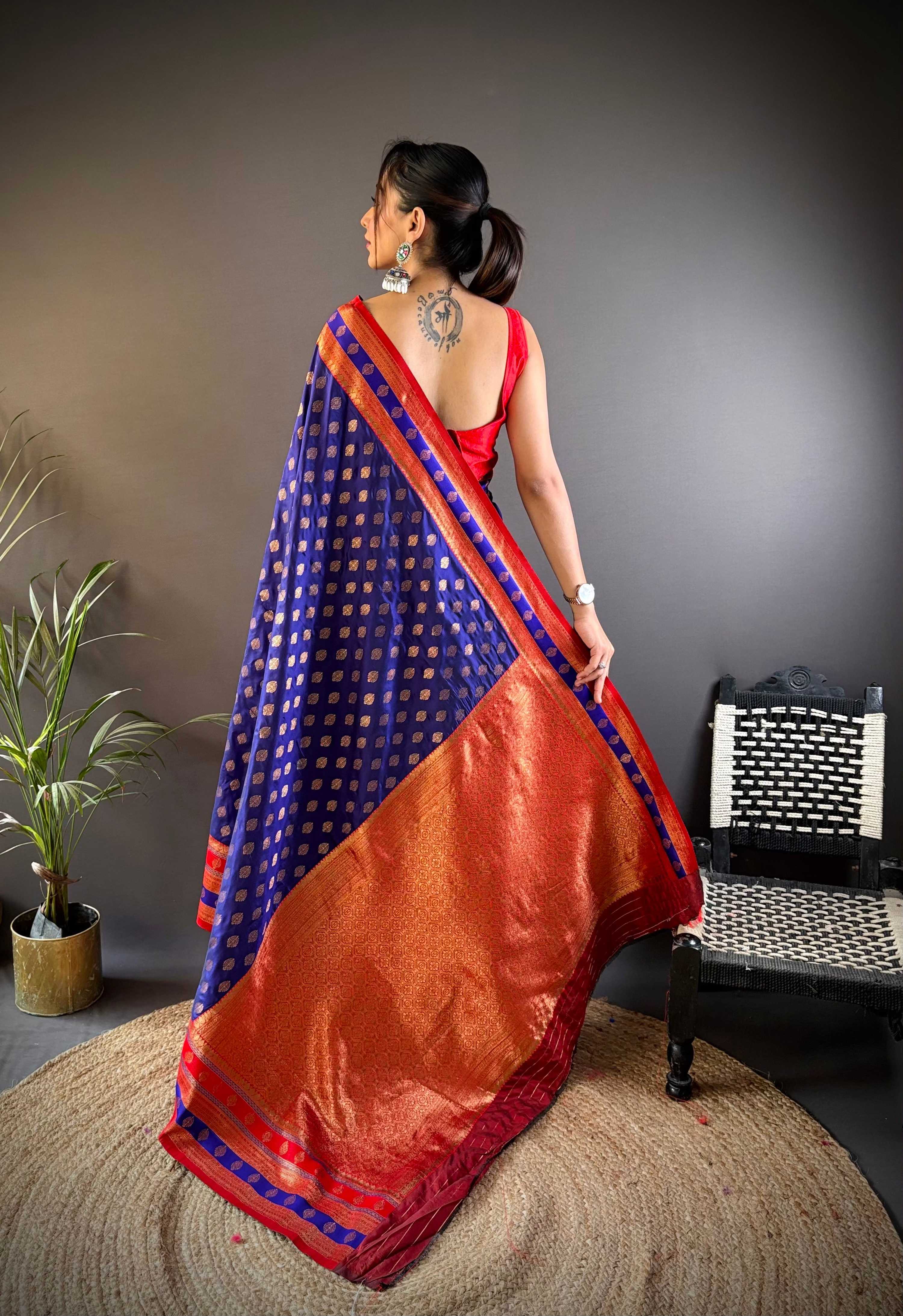 Sonakshi Women's Royal Blue Banarasi Silk Zari Woven Traditional Saree with Blouse