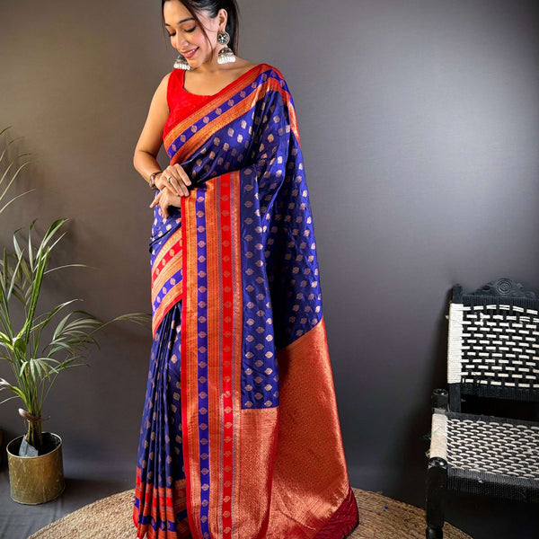 Sonakshi Women's Royal Blue Banarasi Silk Zari Woven Traditional Saree with Blouse - Distacart