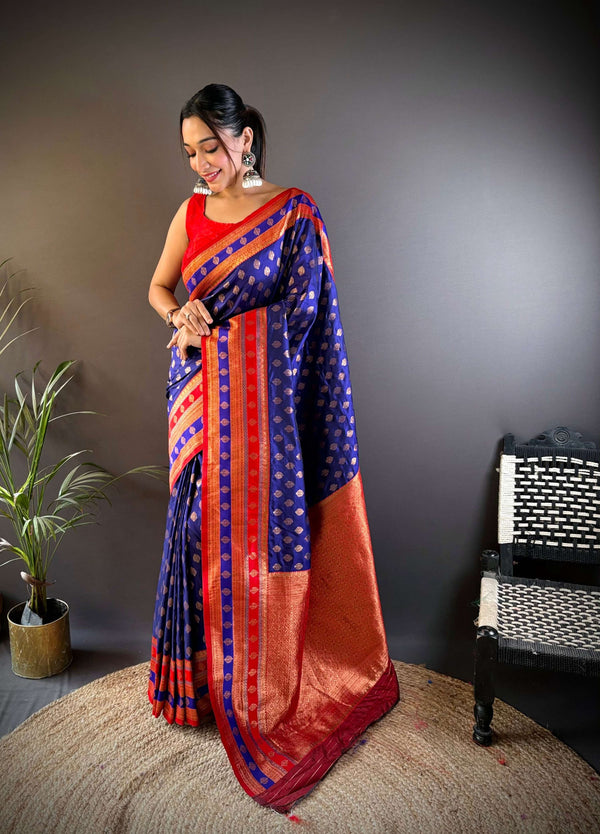 Sonakshi Women's Royal Blue Banarasi Silk Zari Woven Traditional Saree with Blouse