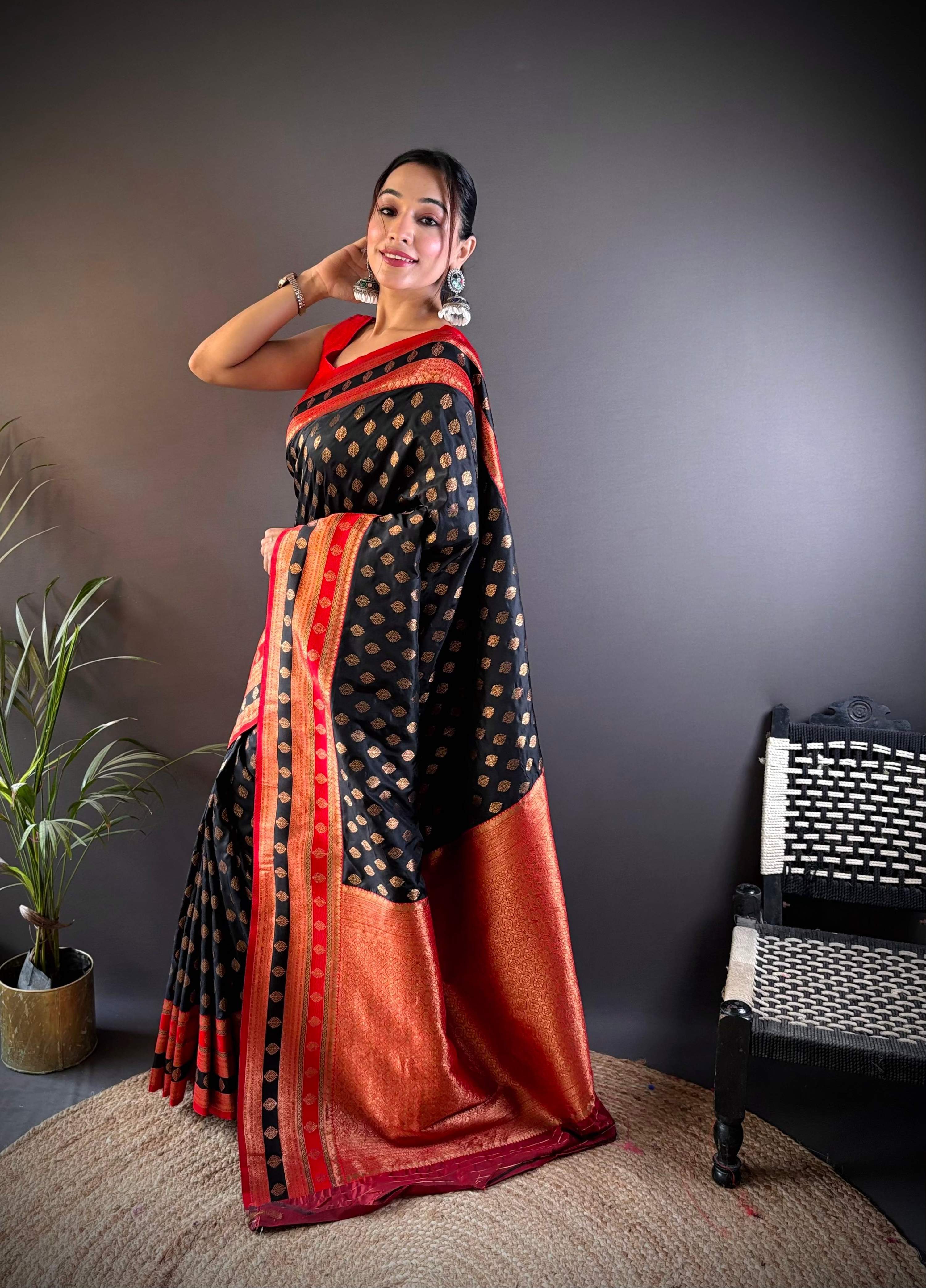 Sonakshi Women's Black Banarasi Silk Zari Woven Traditional Saree with Blouse