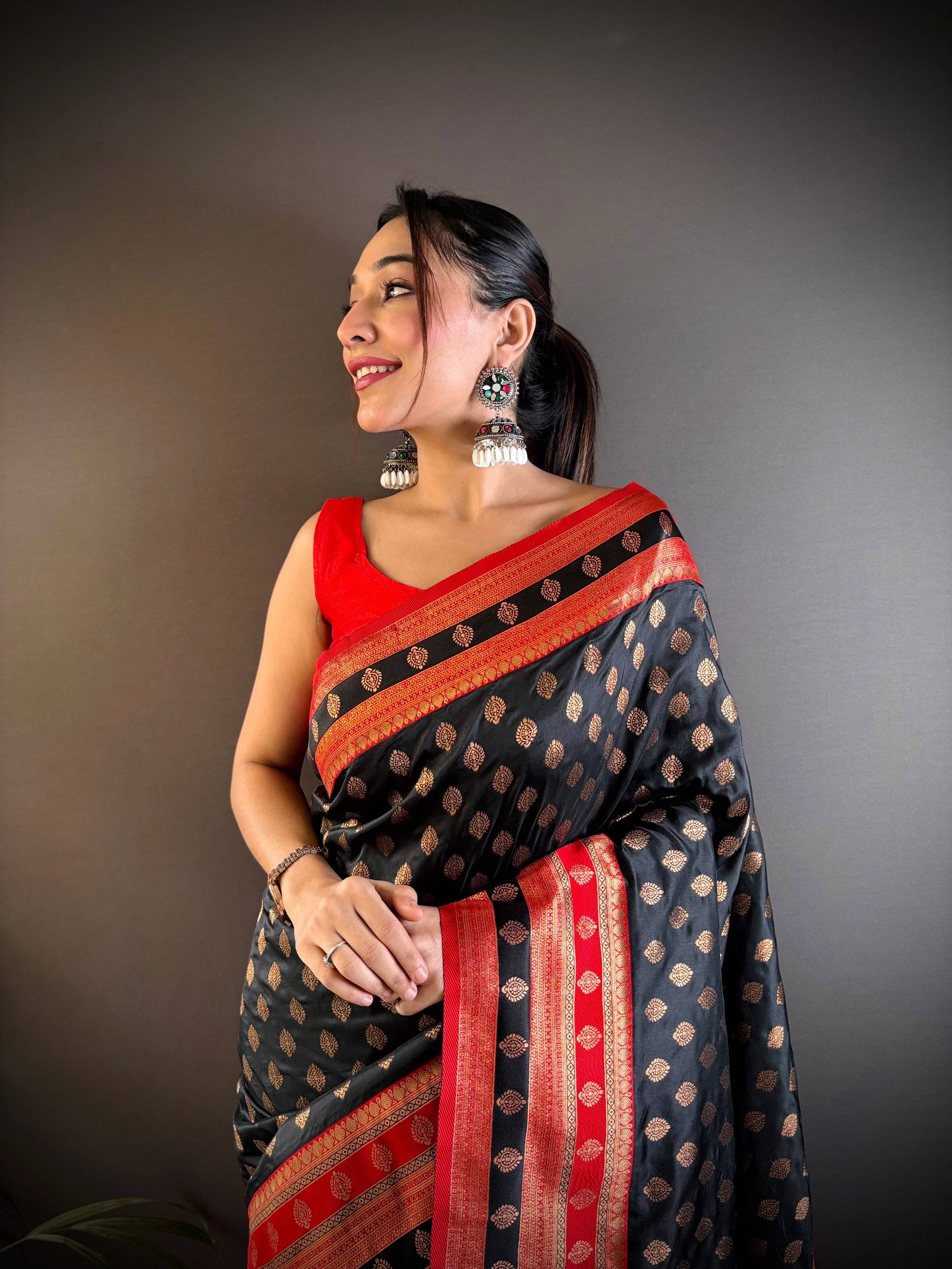 Sonakshi Women's Black Banarasi Silk Zari Woven Traditional Saree with Blouse