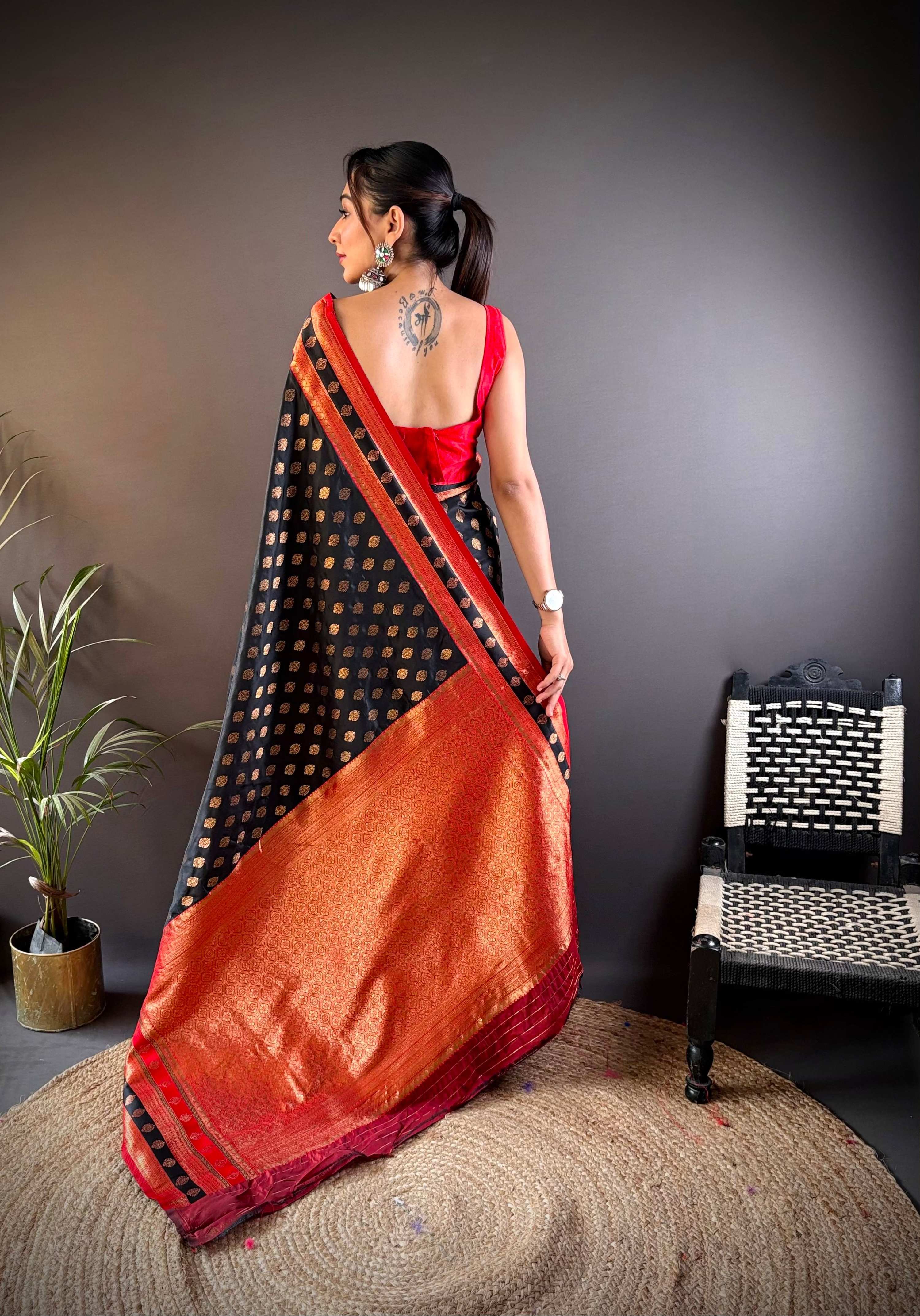 Sonakshi Women's Black Banarasi Silk Zari Woven Traditional Saree with Blouse