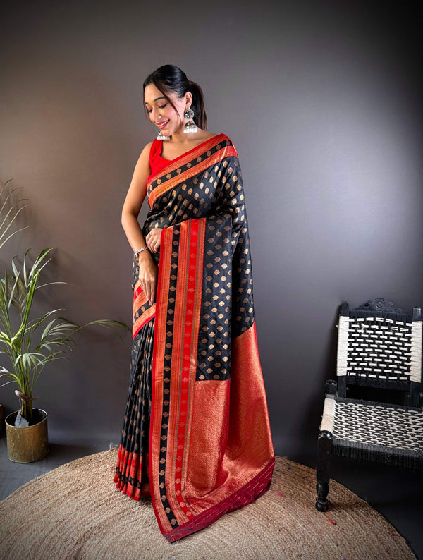 Sonakshi Women's Black Banarasi Silk Zari Woven Traditional Saree with Blouse