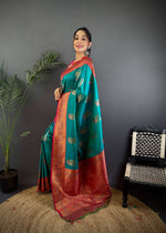Thumbnail for Sonakshi Women's Teal Banarasi Silk Zari Woven Traditional Saree with Blouse