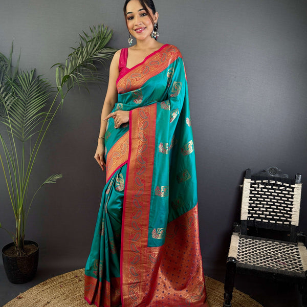 Sonakshi Women's Teal Banarasi Silk Zari Woven Traditional Saree with Blouse - Distacart