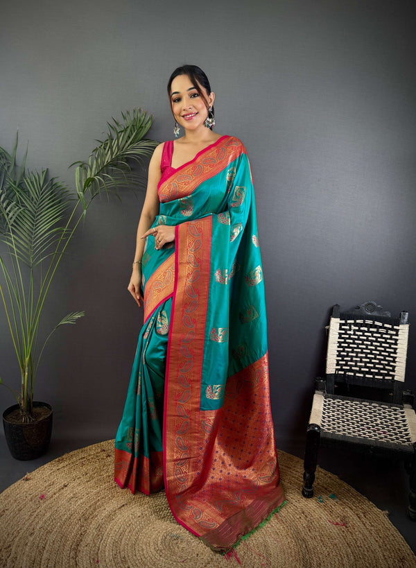 Sonakshi Women's Teal Banarasi Silk Zari Woven Traditional Saree with Blouse