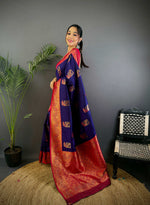Thumbnail for Sonakshi Women's Navy Blue Banarasi Silk Zari Woven Traditional Saree with Blouse