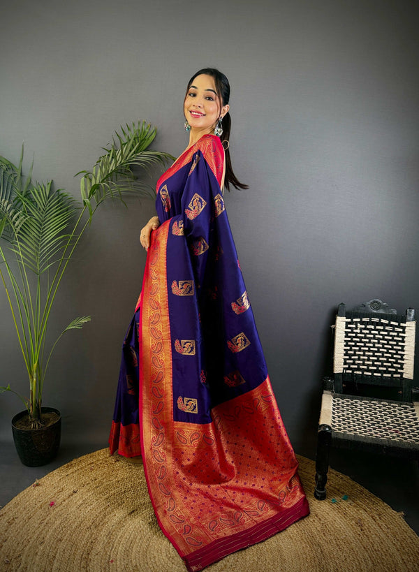 Sonakshi Women's Navy Blue Banarasi Silk Zari Woven Traditional Saree with Blouse