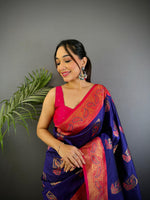 Thumbnail for Sonakshi Women's Navy Blue Banarasi Silk Zari Woven Traditional Saree with Blouse