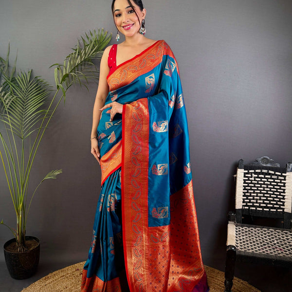 Sonakshi Women's Seagreen Banarasi Silk Zari Woven Traditional Saree with Blouse - Distacart