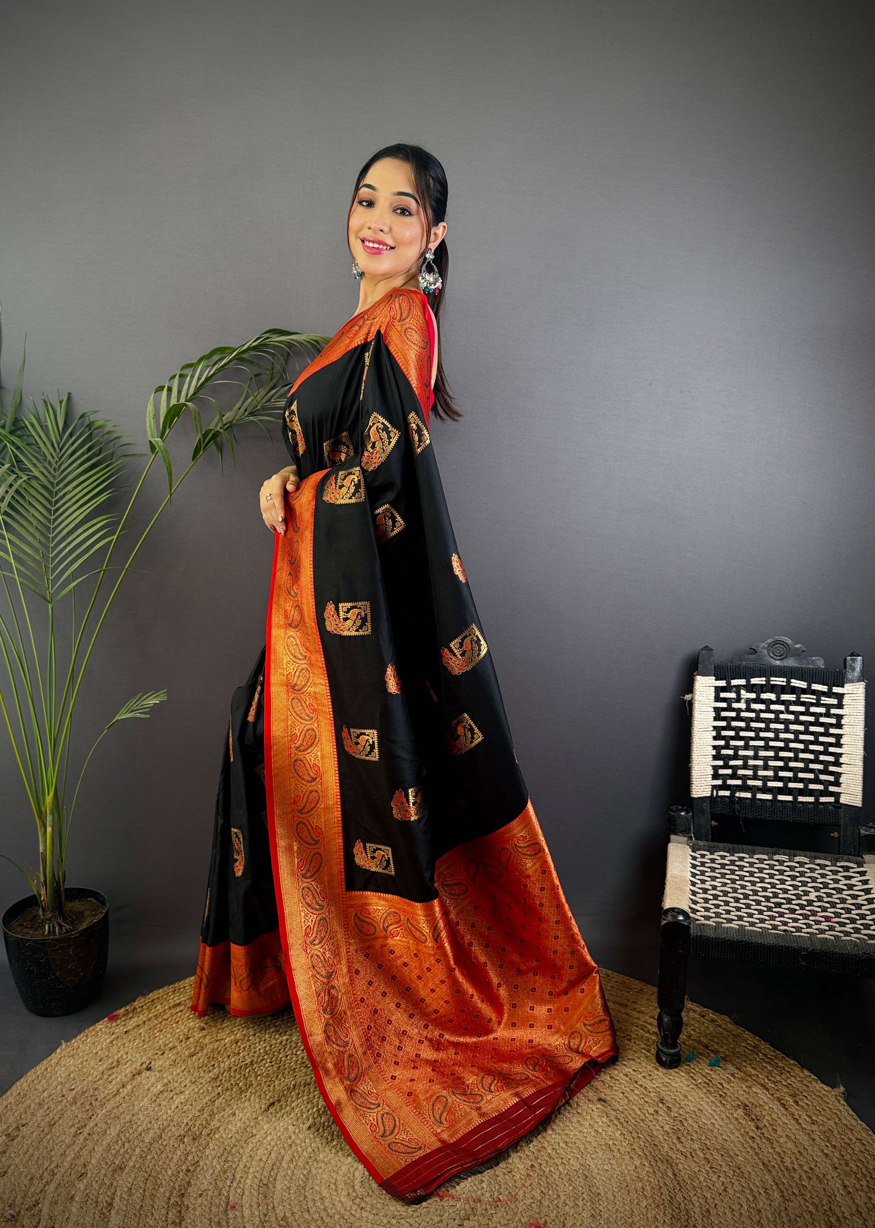 Sonakshi Women's Black Banarasi Silk Zari Woven Traditional Saree with Blouse