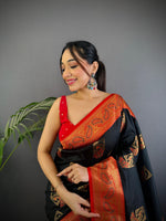 Thumbnail for Sonakshi Women's Black Banarasi Silk Zari Woven Traditional Saree with Blouse