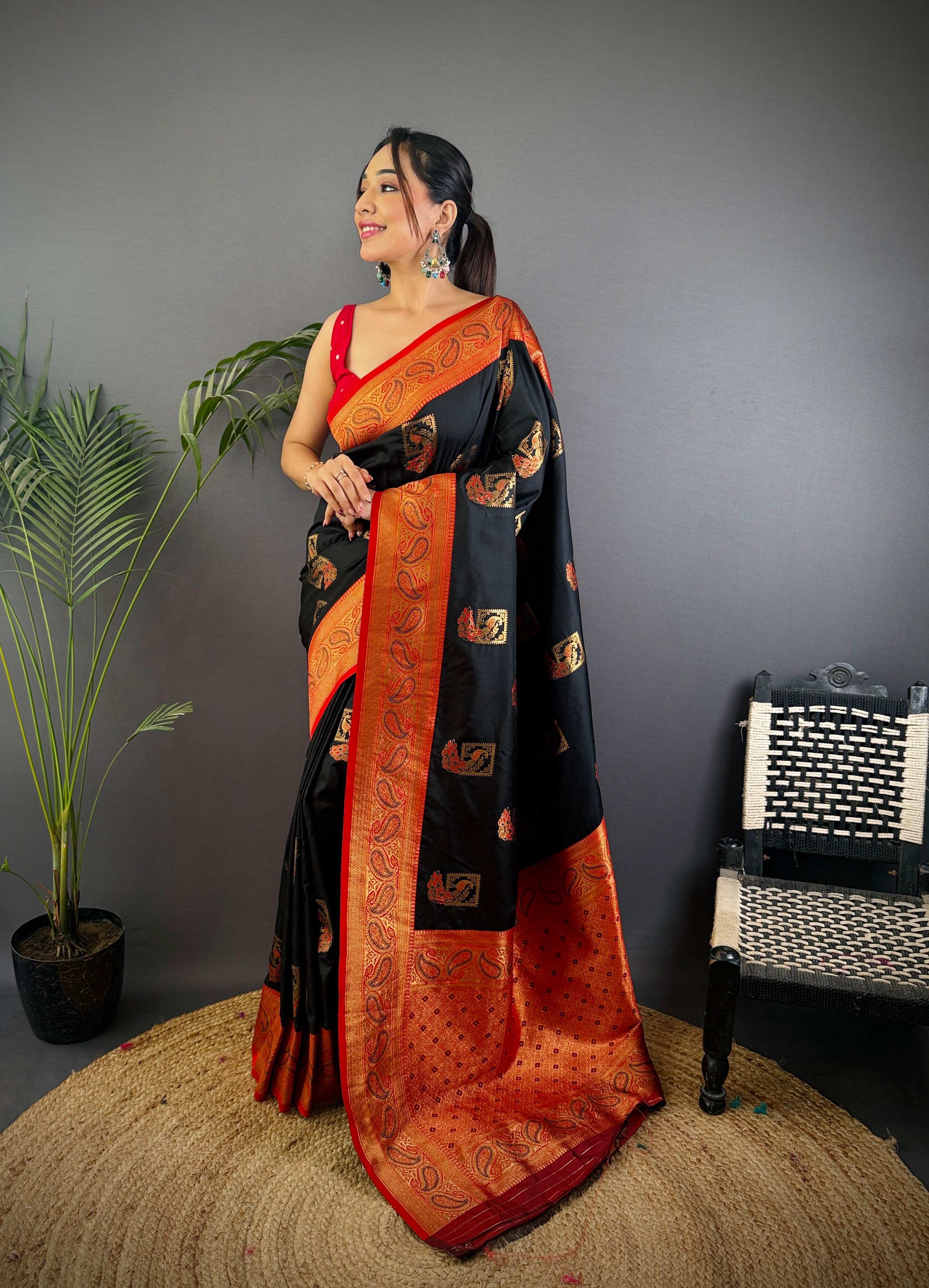 Sonakshi Women's Black Banarasi Silk Zari Woven Traditional Saree with Blouse