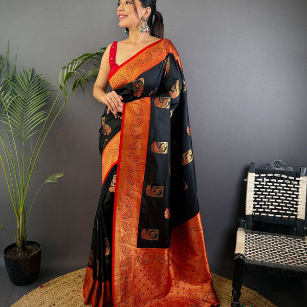 Sonakshi Women's Black Banarasi Silk Zari Woven Traditional Saree with Blouse - Distacart