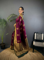 Thumbnail for Sonakshi Women's Wine Banarasi Silk Zari Woven Traditional Saree with Blouse
