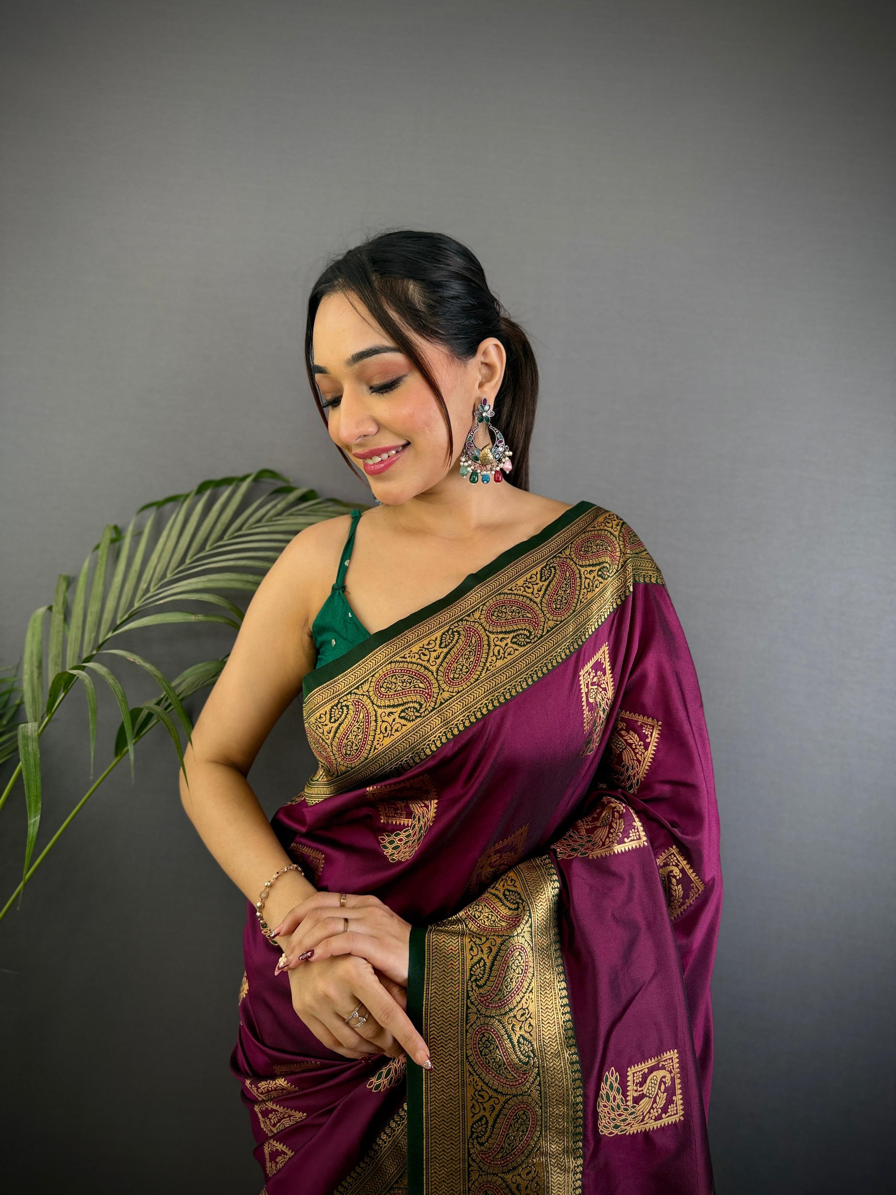 Sonakshi Women's Wine Banarasi Silk Zari Woven Traditional Saree with Blouse