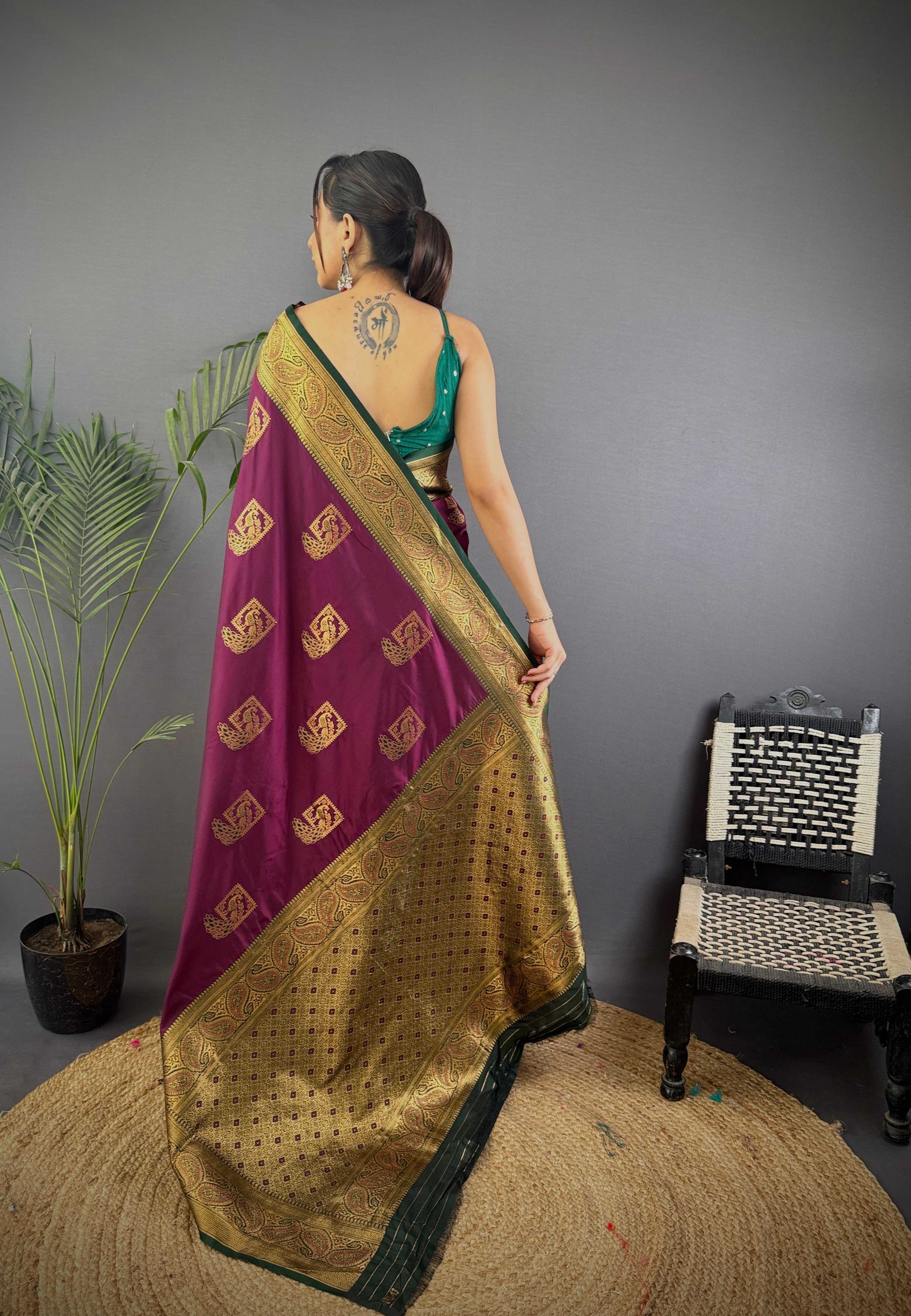 Sonakshi Women's Wine Banarasi Silk Zari Woven Traditional Saree with Blouse