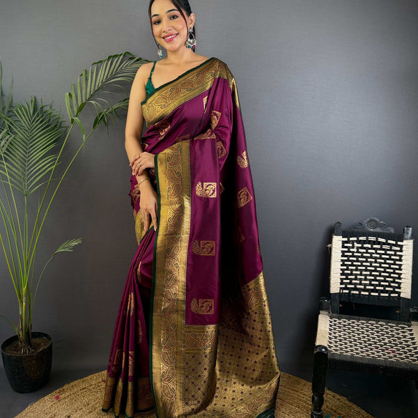 Sonakshi Women's Wine Banarasi Silk Zari Woven Traditional Saree with Blouse - Distacart