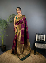 Thumbnail for Sonakshi Women's Wine Banarasi Silk Zari Woven Traditional Saree with Blouse