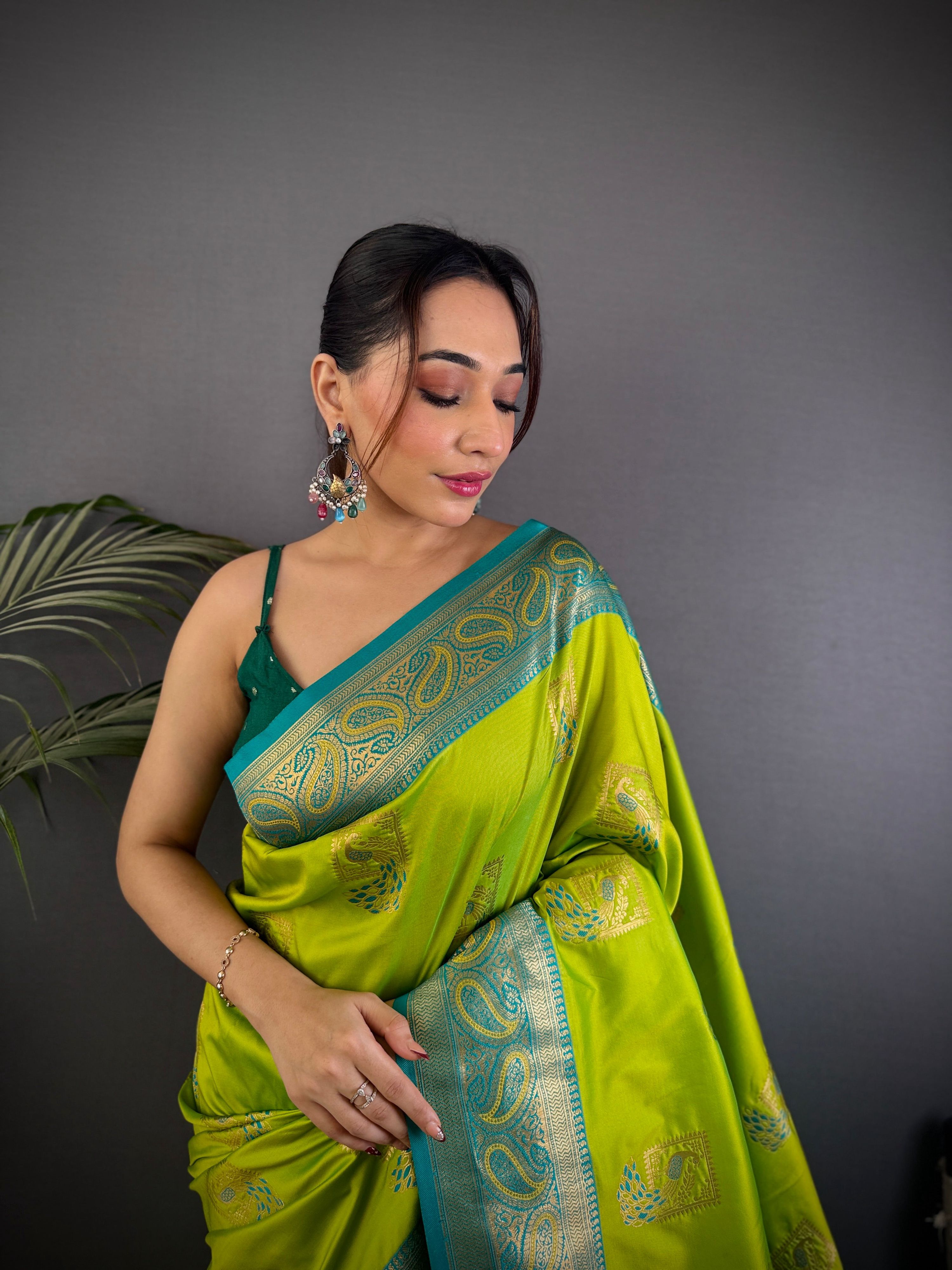 Sonakshi Women's Parrot Banarasi Silk Zari Woven Traditional Saree with Blouse