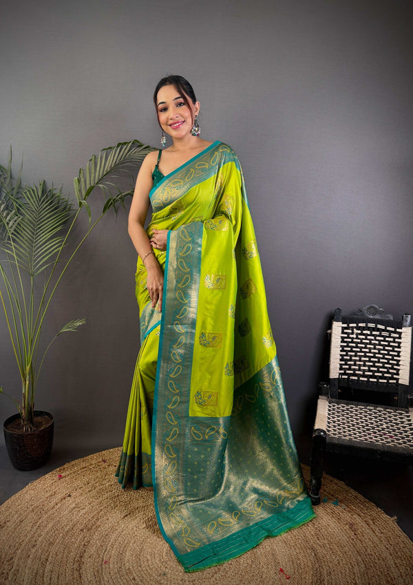 Sonakshi Women's Parrot Banarasi Silk Zari Woven Traditional Saree with Blouse