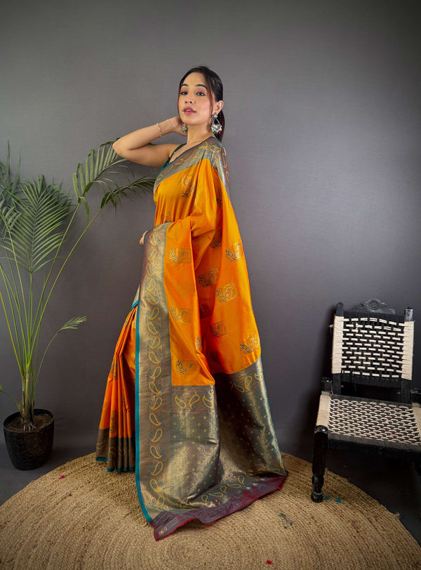 Sonakshi Women's Yellow Banarasi Silk Zari Woven Traditional Saree with Blouse