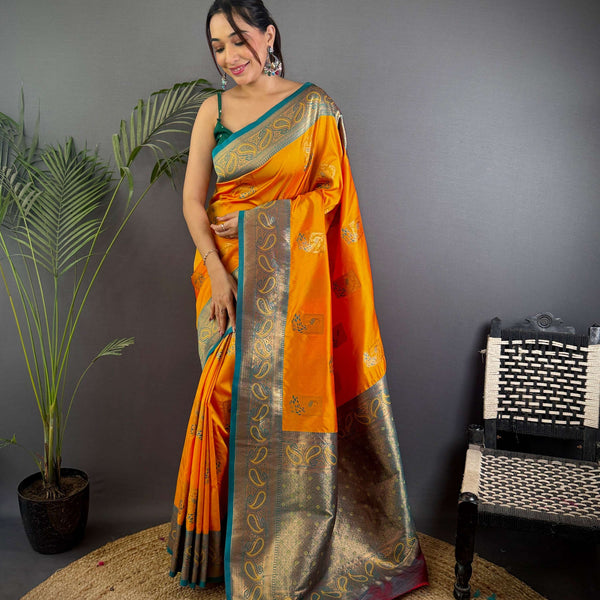 Sonakshi Women's Yellow Banarasi Silk Zari Woven Traditional Saree with Blouse - Distacart