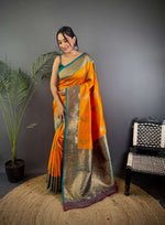 Thumbnail for Sonakshi Women's Yellow Banarasi Silk Zari Woven Traditional Saree with Blouse