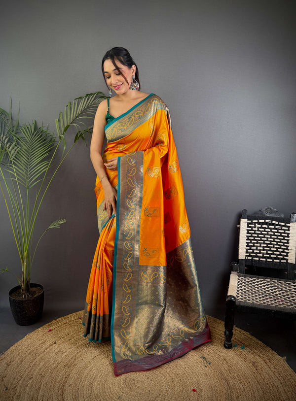 Sonakshi Women's Yellow Banarasi Silk Zari Woven Traditional Saree with Blouse