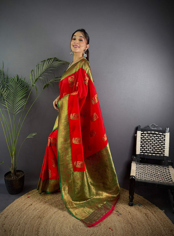 Sonakshi Women's Red Banarasi Silk Zari Woven Traditional Saree with Blouse