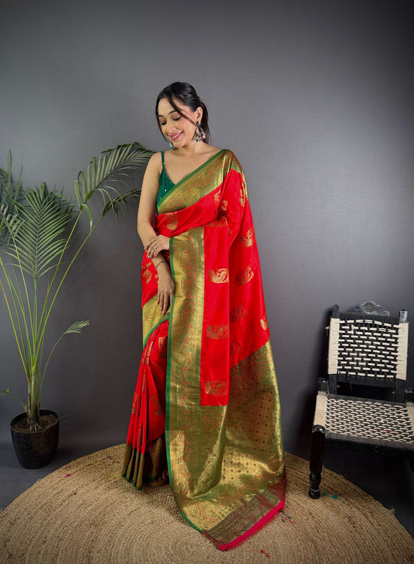 Sonakshi Women's Red Banarasi Silk Zari Woven Traditional Saree with Blouse
