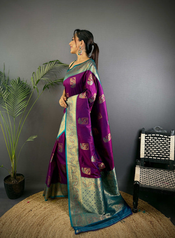 Sonakshi Women's Purple Banarasi Silk Zari Woven Traditional Saree with Blouse