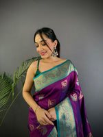 Thumbnail for Sonakshi Women's Purple Banarasi Silk Zari Woven Traditional Saree with Blouse