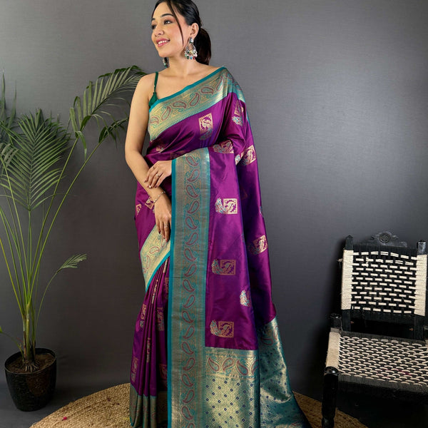 Sonakshi Women's Purple Banarasi Silk Zari Woven Traditional Saree with Blouse - Distacart