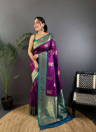 Sonakshi Women's Purple Banarasi Silk Zari Woven Traditional Saree with Blouse