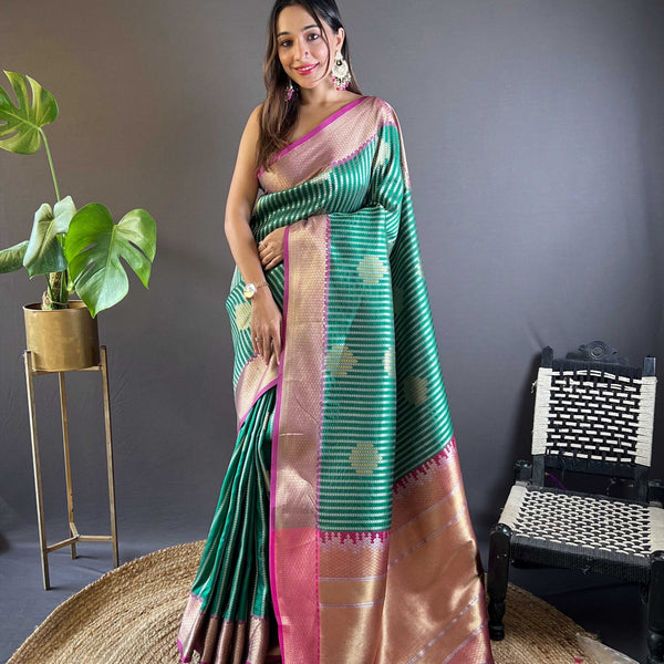 Sonakshi Women's Teal Banarasi Silk Zari Woven Traditional Saree with Blouse - Distacart