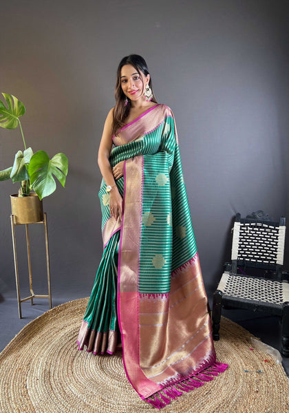 Sonakshi Women's Teal Banarasi Silk Zari Woven Traditional Saree with Blouse