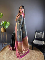 Thumbnail for Sonakshi Women's Black Banarasi Silk Zari Woven Traditional Saree with Blouse