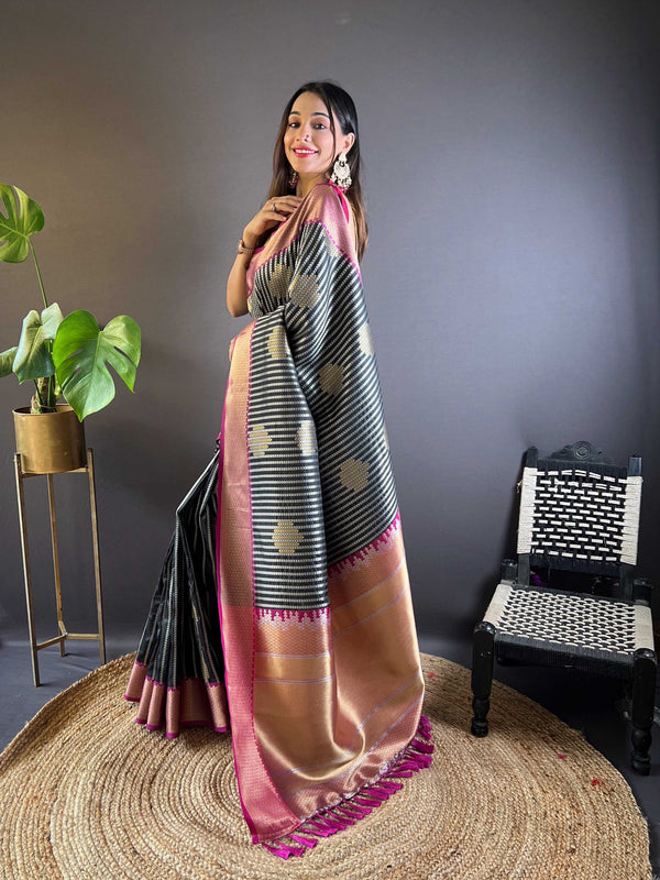 Sonakshi Women's Black Banarasi Silk Zari Woven Traditional Saree with Blouse