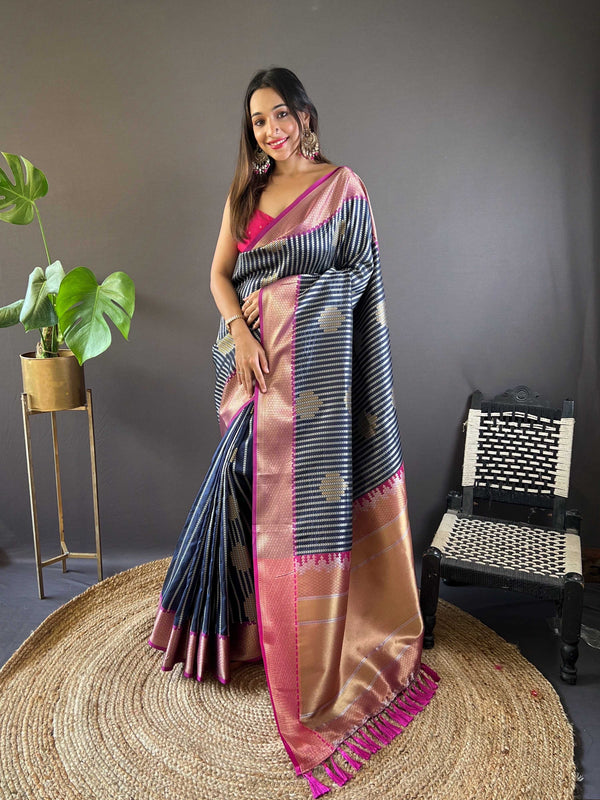 Sonakshi Women's Black Banarasi Silk Zari Woven Traditional Saree with Blouse