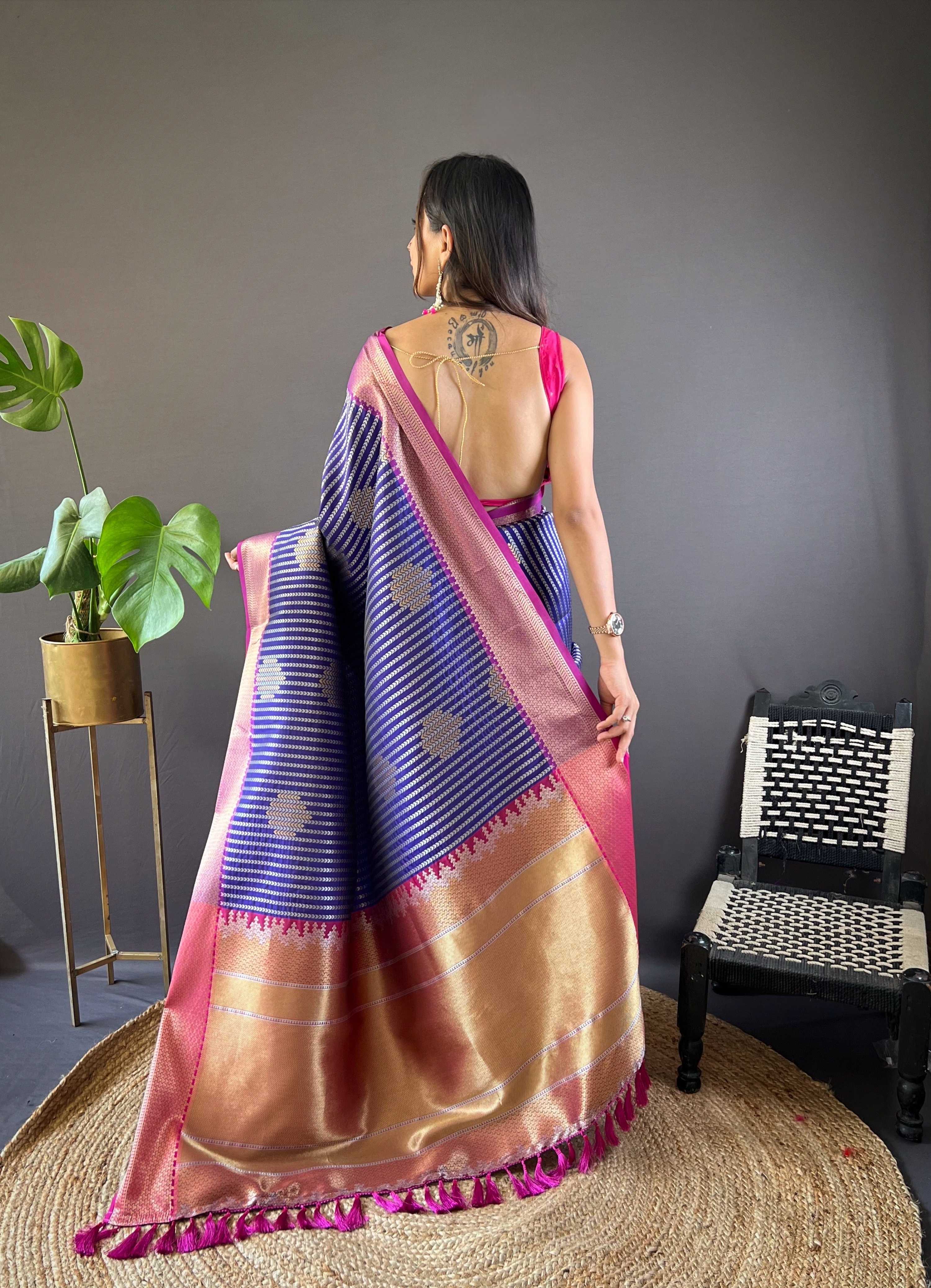 Sonakshi Women's Blue Banarasi Silk Zari Woven Traditional Saree with Blouse