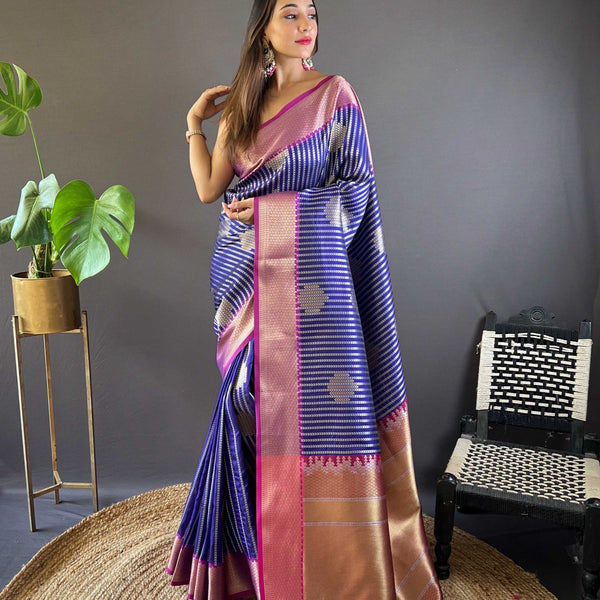 Sonakshi Women's Blue Banarasi Silk Zari Woven Traditional Saree with Blouse - Distacart