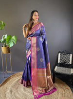Thumbnail for Sonakshi Women's Blue Banarasi Silk Zari Woven Traditional Saree with Blouse