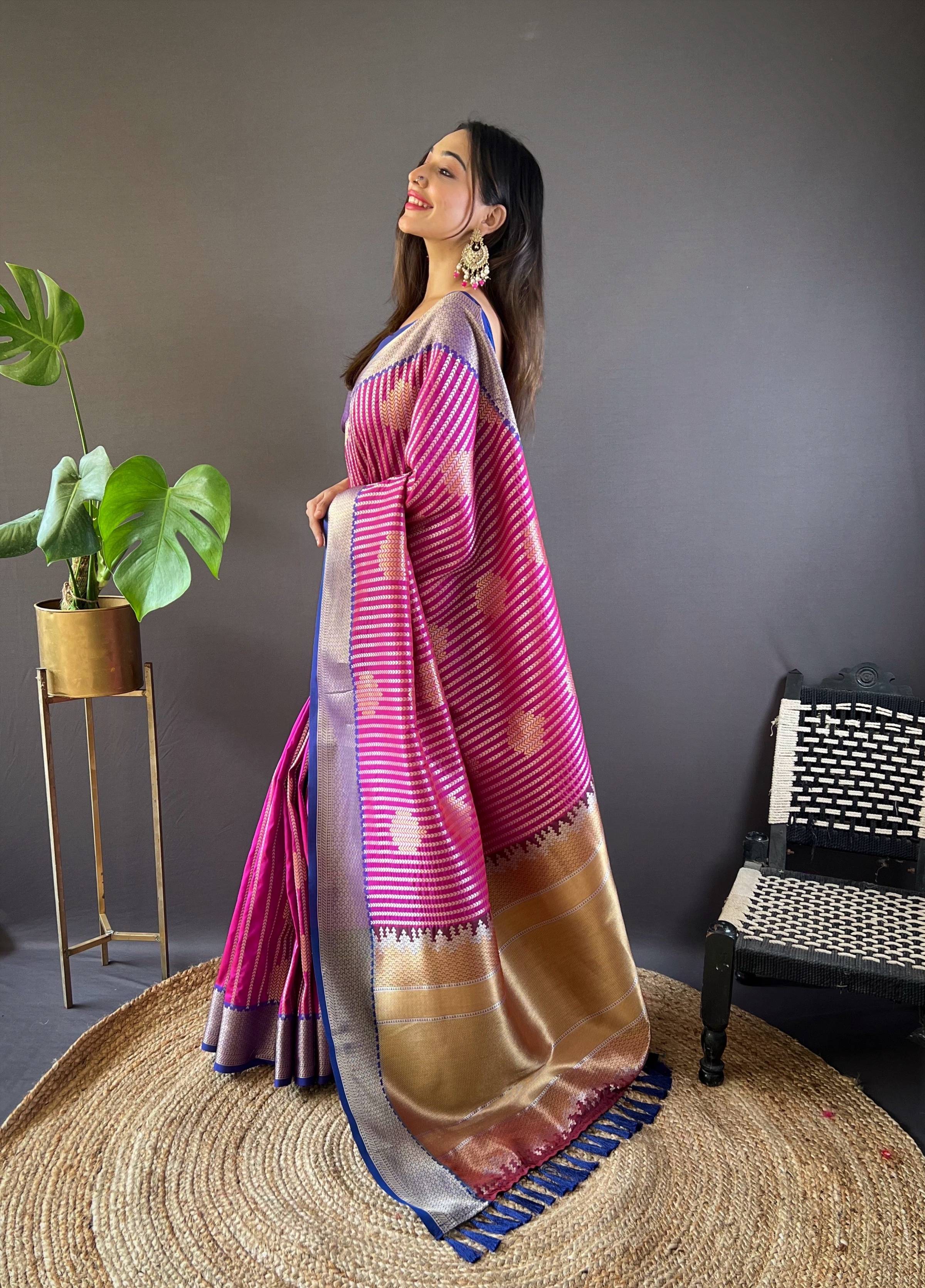 Sonakshi Women's Purple Banarasi Silk Zari Woven Traditional Saree with Blouse