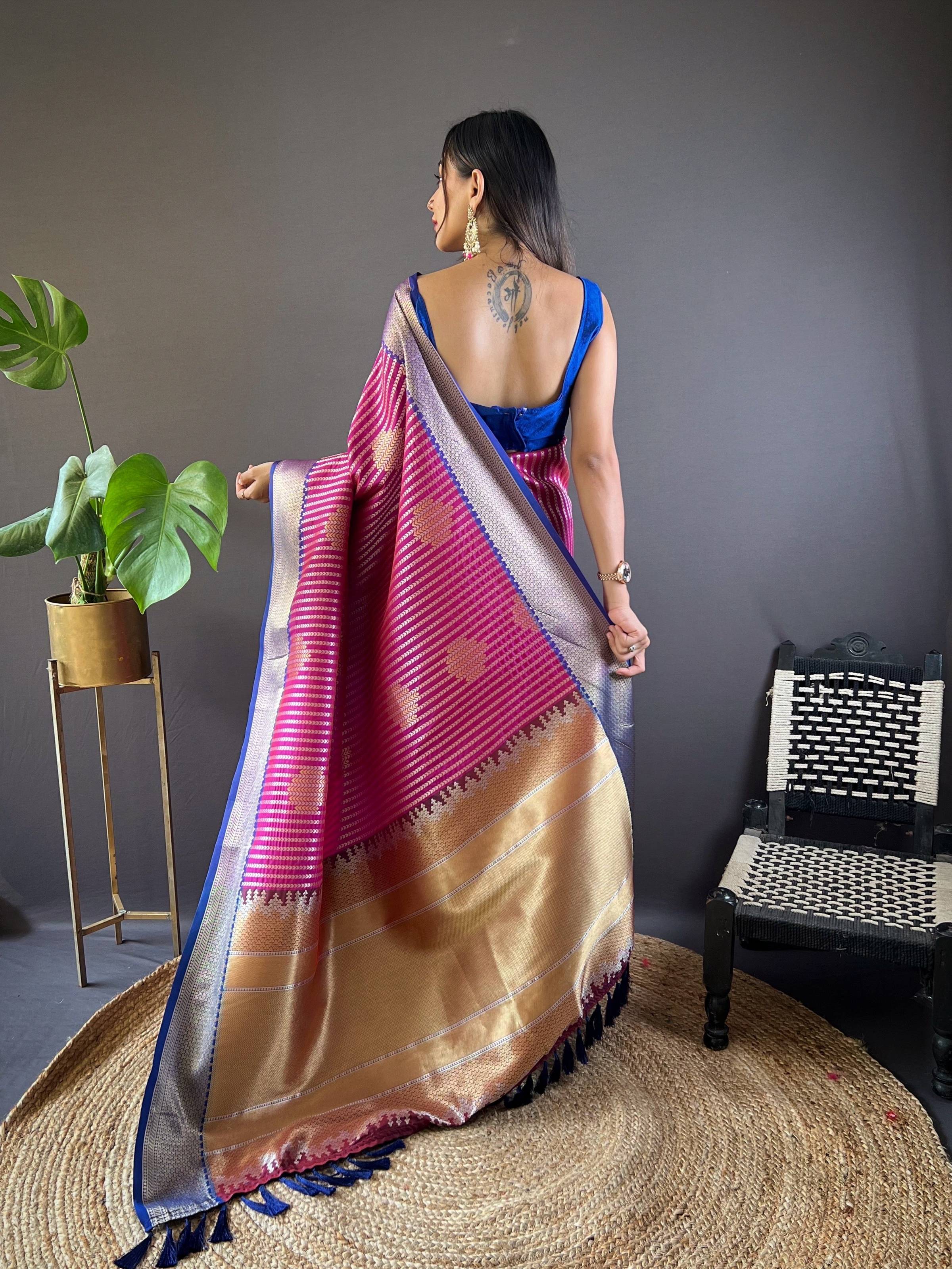 Sonakshi Women's Purple Banarasi Silk Zari Woven Traditional Saree with Blouse
