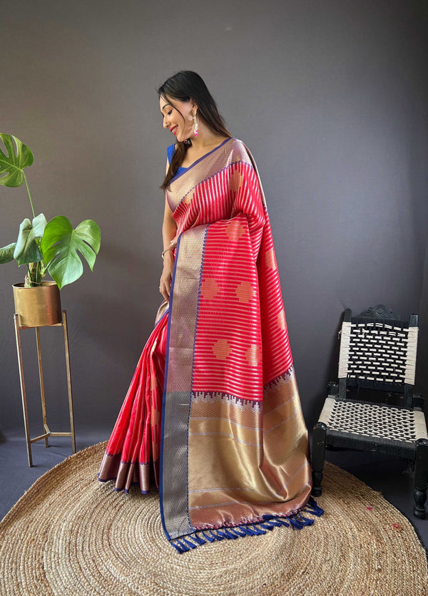 Sonakshi Women's Red Banarasi Silk Zari Woven Traditional Saree with Blouse