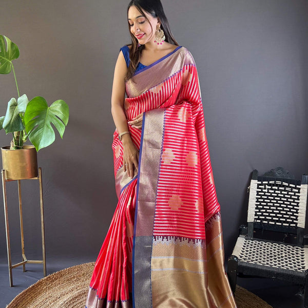 Sonakshi Women's Red Banarasi Silk Zari Woven Traditional Saree with Blouse - Distacart