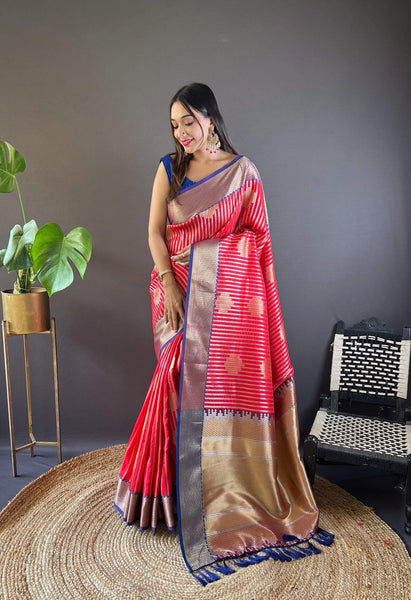 Sonakshi Women's Red Banarasi Silk Zari Woven Traditional Saree with Blouse